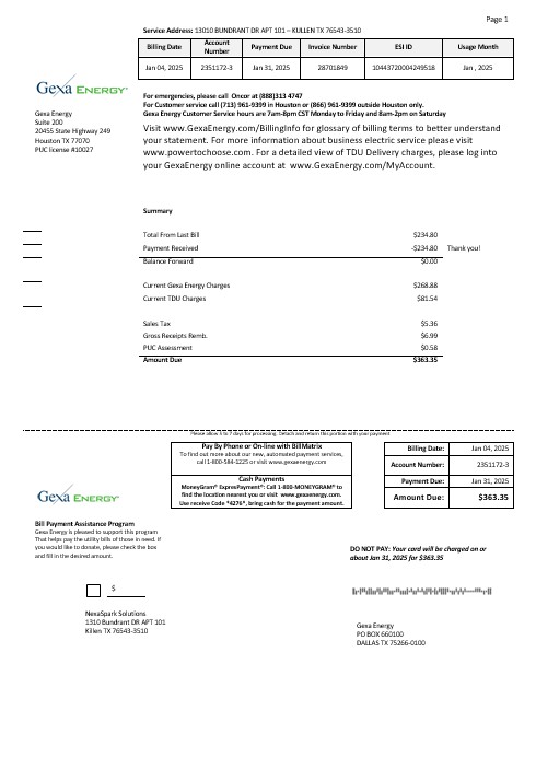 USA Texas Gexa Energy business utility bill template in Word formats PSD template